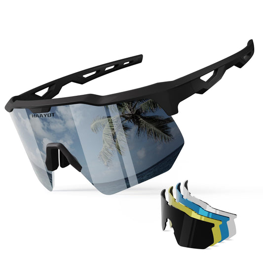 HAAYOT Polarized Sports Sunglasses for Men Women Youth Baseball Cycling Running Softball Biking Glasses 5 Lenses Matte Black Silver