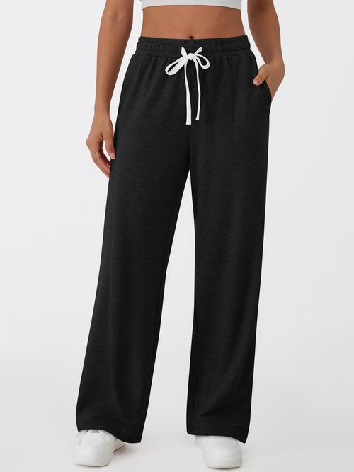 AUTOMET Wide Leg Lounge Pants Women Casual Sweatpants Baggy Yoga Sweat Pajamas Pants Fall Fashion Outfits with Pockets Black M