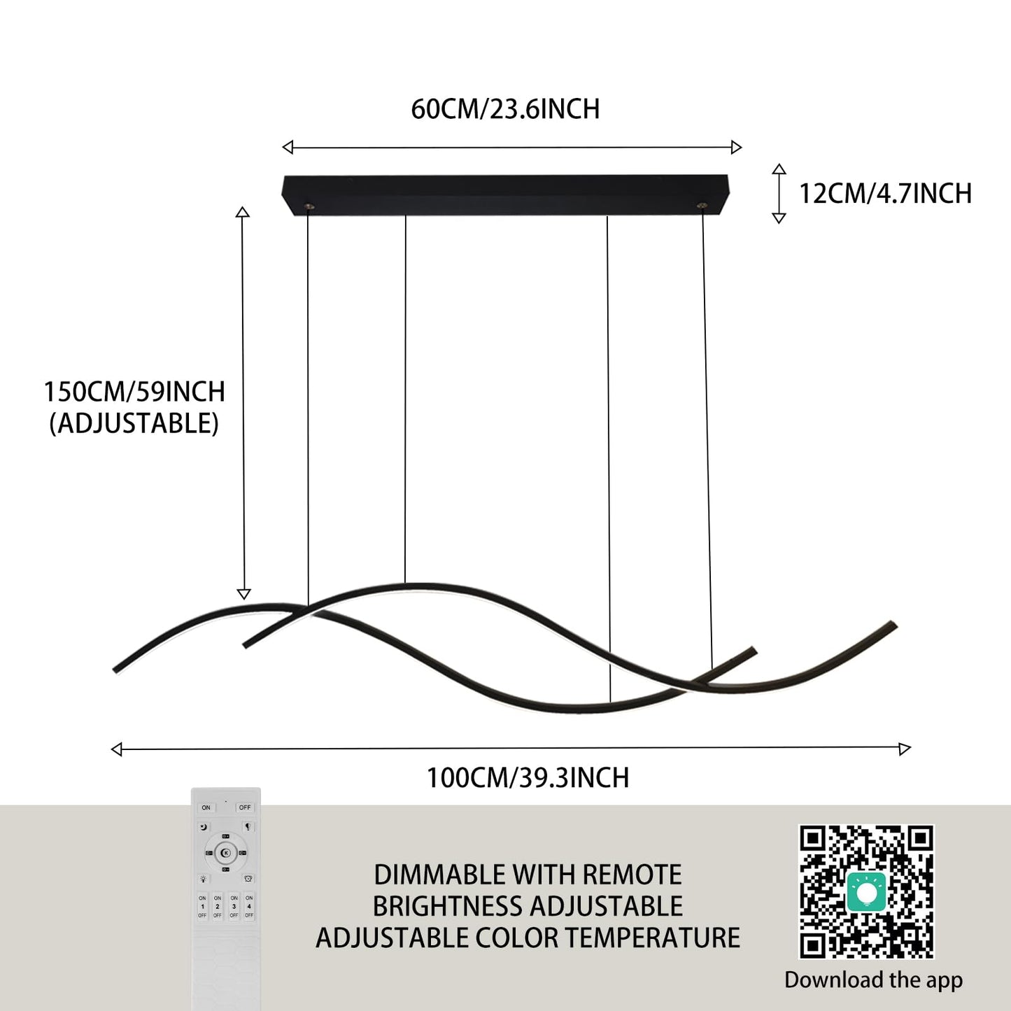 Modern Led Pendant Light, Dimmable Black Led Chandelier for Dining Room Light Fixture Over Table Creative Wave Pendant Light for Kitchen Island, Dining Room, Bedroom