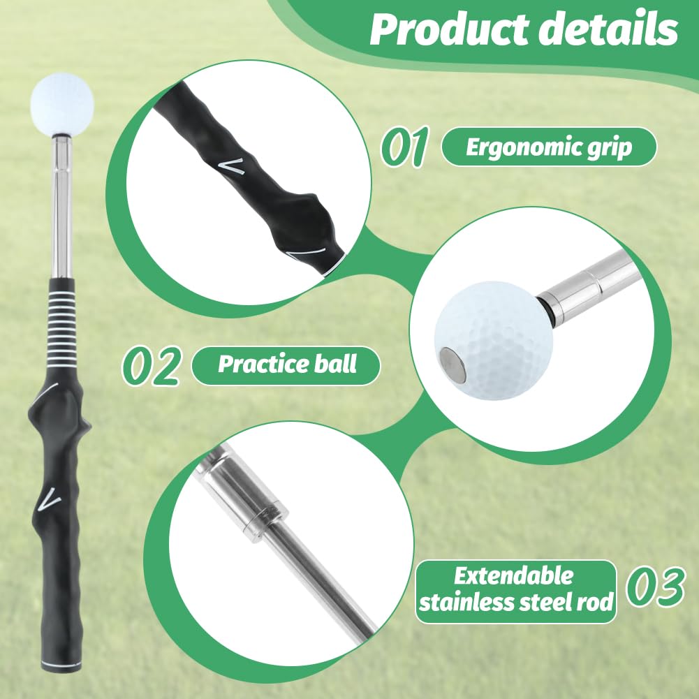 NINEFOX Retractable Golf Swing Trainer for Right-Handed Players, Tempo Stick with Click Feedback, 14.96–27.95 in, Includes Arm Band and Grip Trainer, Indoor Outdoor Warm-Up Practice, Black