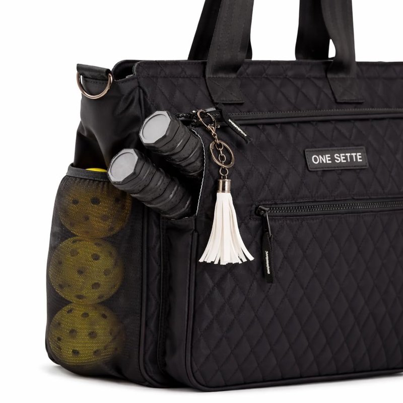 One Sette Pickleball Tote Bag for Women Gifts – Stylish Quilted Black – Lightweight - Pickle Ball Equipment with Fence Hook and Computer Compartment - Adjustable Shoulder Strap - Sports Gear Hand Bag