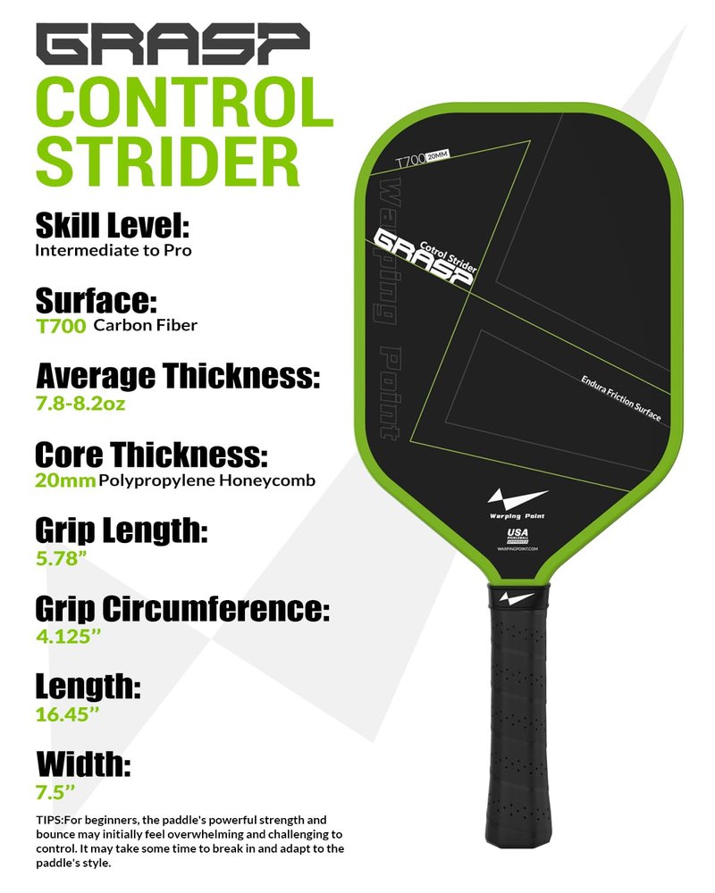 Warping Point Grasp Pickleball Paddle, T700 Raw Carbon Fiber Pickleball Racket with Endura Friction Surface,16mm Polymer Core, Edgeless Elongated Design, Ultimate Spin & Control, USAP Approved