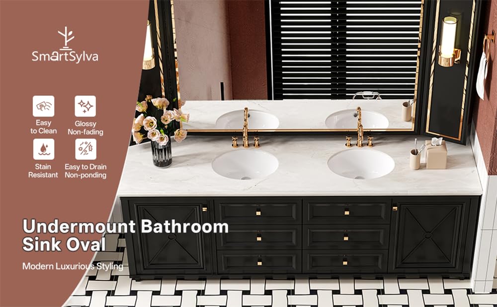 SmartSylva Undermount Bathroom Sink Oval, 14.75” x 11.5” (Interior Size) Oval Porcelain Ceramic Undermount Bathroom Vanity Vessel Sink with Overflow, White