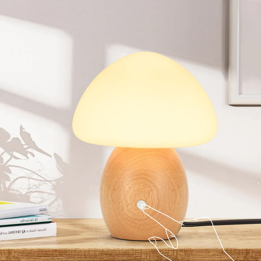 BNYFDC Mushroom Lamp with Touch Control Switch, Small Wooden Table Lamp with Glass Shade, 3 Way Dimmable Nightstand Lamp for Bedroom, G9 LED Bulb Included (Nature Wood&White Shade)