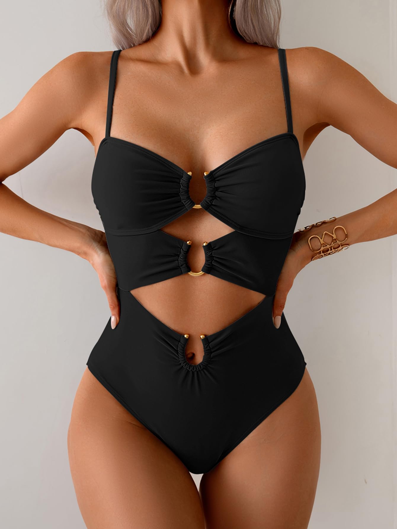 Eomenie Womens Cutout One Piece Swimsuit with Ring Linked Sexy Monokini Bathing Suit for Beach Vacation Black