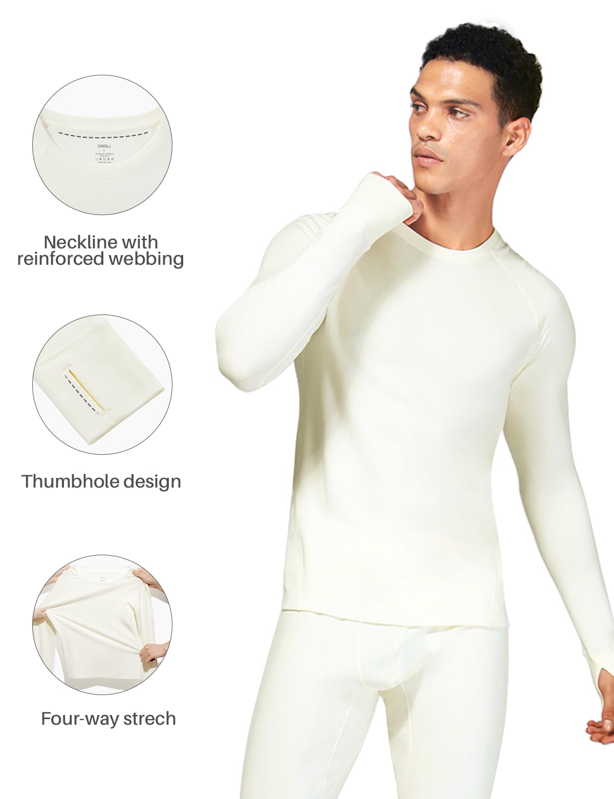 gagli Men's Thermal Underwear Tops Fleece Lined Long Sleeve Thermal Shirts Soft Warm Base Layer for Cold Weather, Crewneck, Lightweight Running Undershirt Cream White