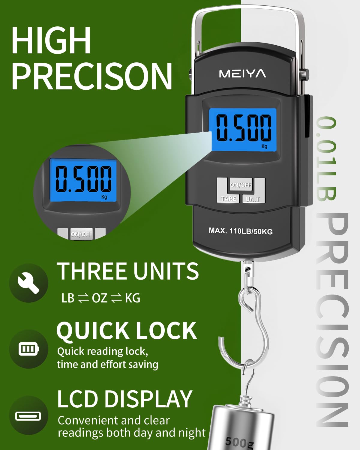 MEIYA Digital Fishing Scale - 110lb/50kg Capacity, Backlit LCD, Portable Handle & Stainless Steel Hook