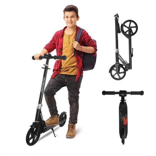 Nattork Scooter for Kids 8-12, Teens and Adults- Adjustable Height Folding Kick Scooter with Large Sturdy Wheels for a Smooth Ride, Lightweight, Anti-Shock Suspension for Boys and Girls-Black