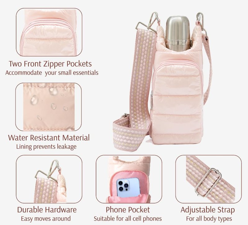 Original Crossbody Water Bottle Bag/Water Bottle Holder Bag/Quilted Puffer Tote Tumbler Holder with Pockets for Phone & Accessories/For walking, hiking, workout/BEST GIFT for woman (Gold)