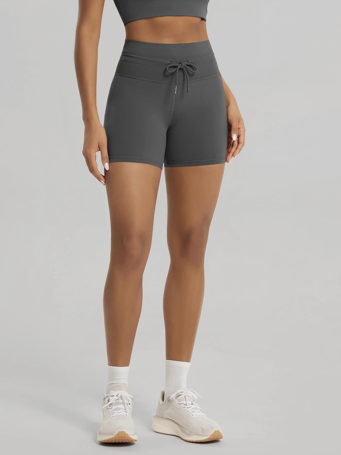 ODODOS Women's High Waist Workout Shorts - 5" Inseam Drawstring Tie Yoga Biker Shorts
