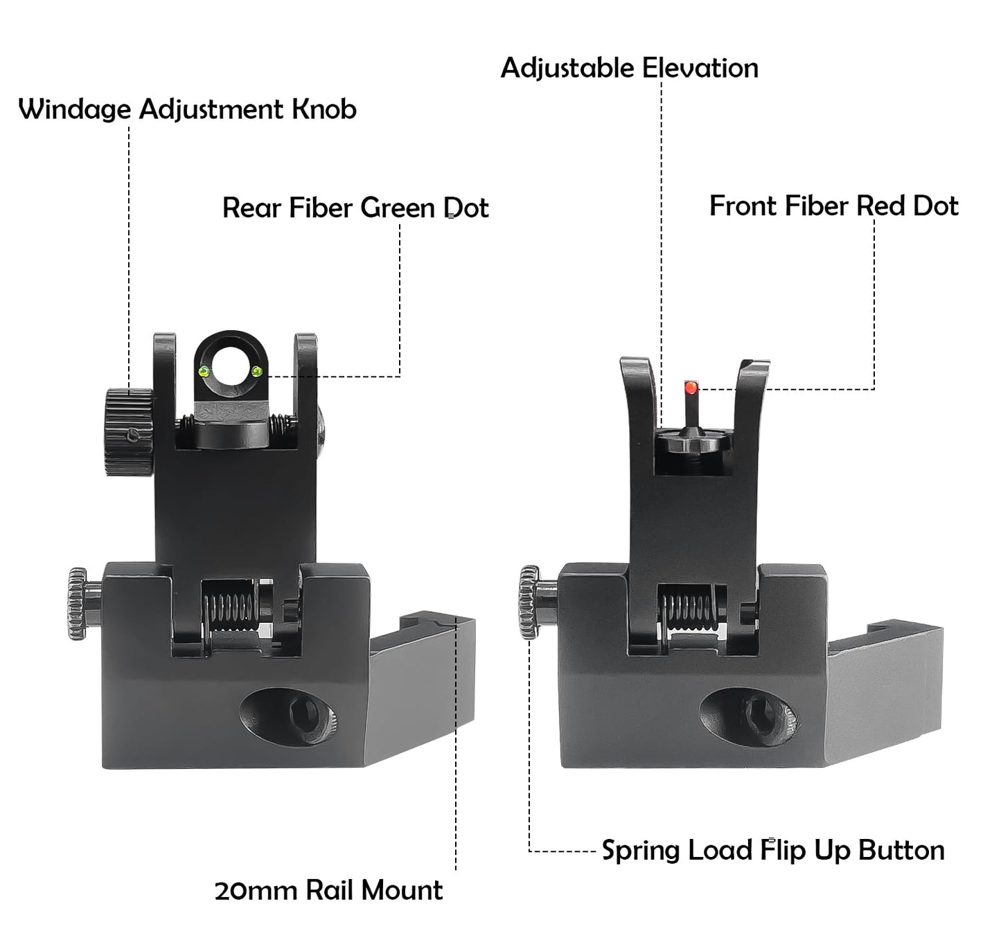 Socpuro 45 Degree Offset Fiber Optic Iron Sights, Flip Up Front and Rear Sight Backup Sight with Green Red Fiber Optics Dots