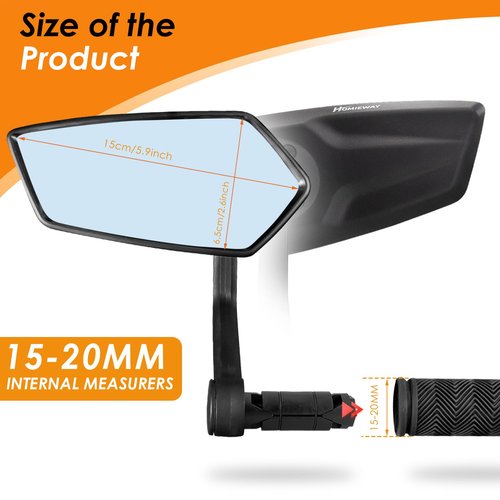 Homieway Bike Mirror, Blue Light Glass Lens Bicycle Mirror for Handlebar, HD Anti-scratch Adjustable Bar End Rear View Mirror for E-bike, Mountain Bike, City Bikes & Scooter (Left 0.59-0.78")