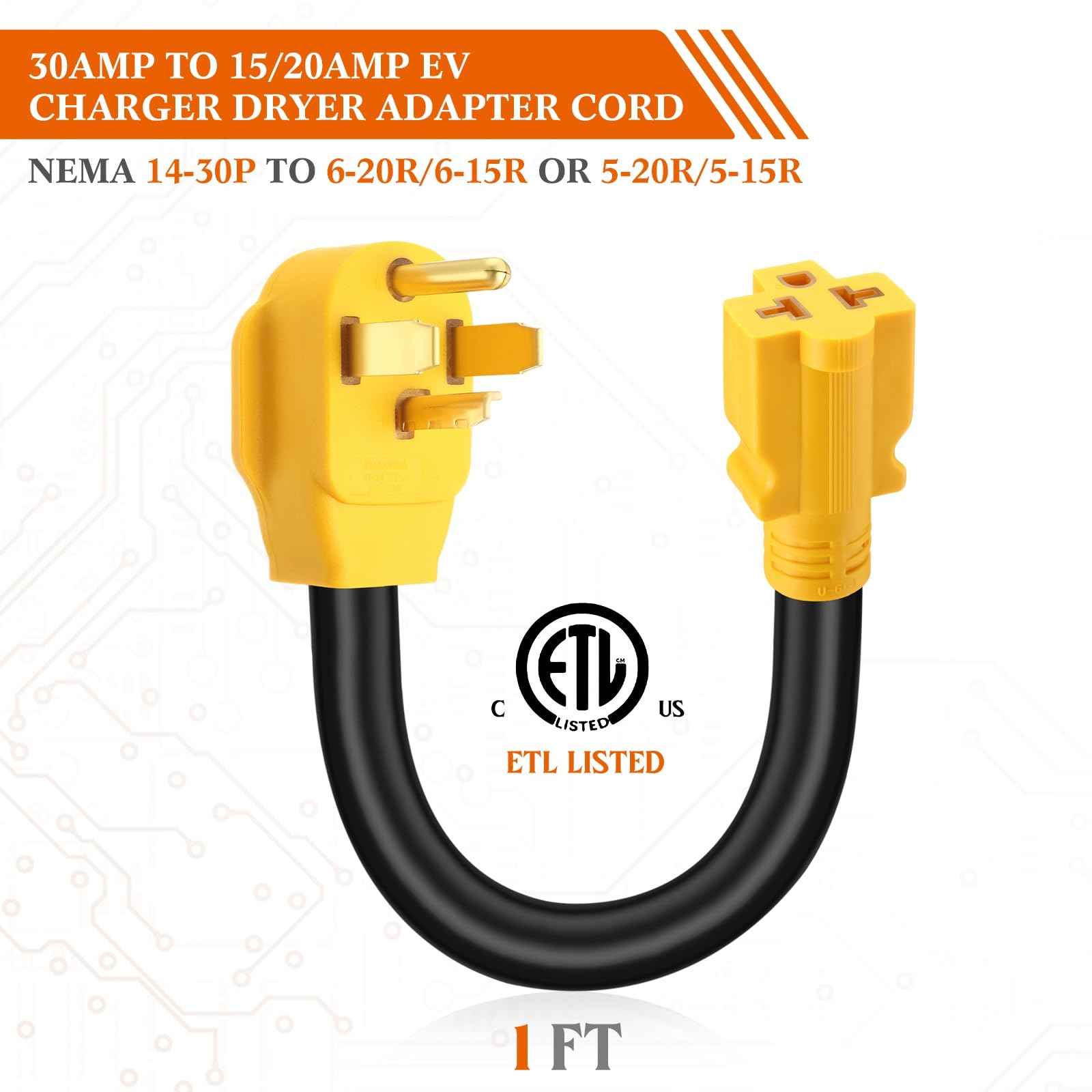 Tellegloww 14-30P to 6-20/15R or 5-20/15R EV Dryer Adapter Cord Compatible with NEMA 30 Amp 4 Prong 240V to 20/15 Amp 3 Prong 240V 6-20/15R or 5-20/15R T Blade for EV Charger HVAC 12 AWG 1FT