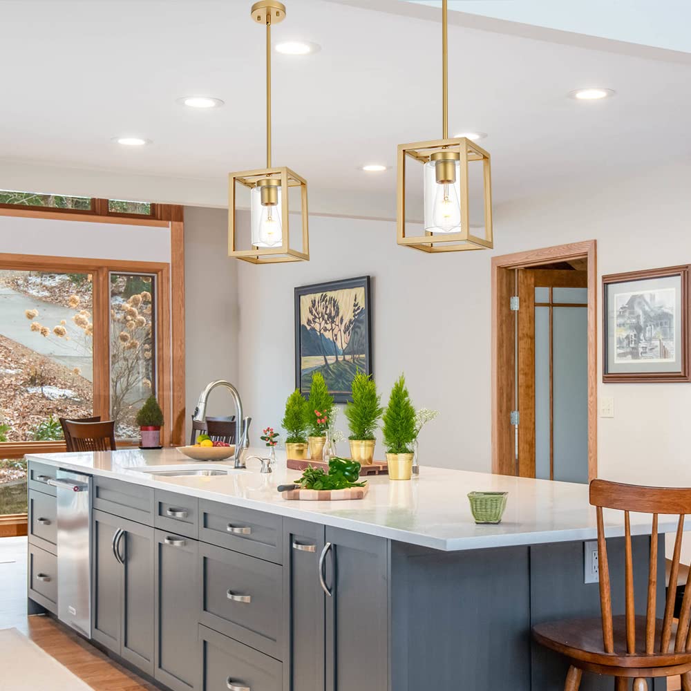 VINLUZ 1-Light Rustic Chandelier in Gold Finish Modern Industrial Pendant Lighting Fixture with Clear Glass Shade Hanging Ceiling Light for Dining Room