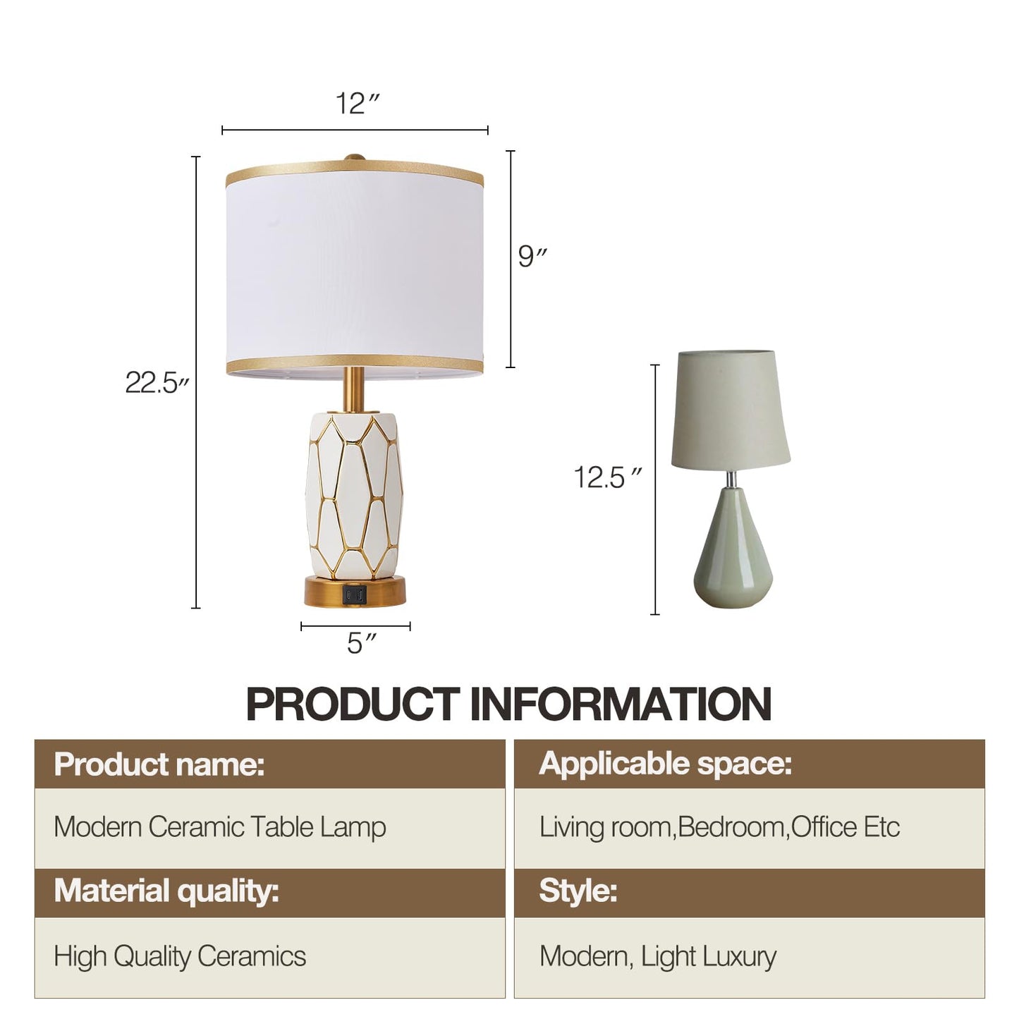 workluurop Set of 2 Touch Control Ceramic Table Lamps for Bedroom Livingroom,Modern Black/White, with USB Ports,Bedside Nightstand Lamp with Fabric Drum Lampshade,Blubs Included (White)