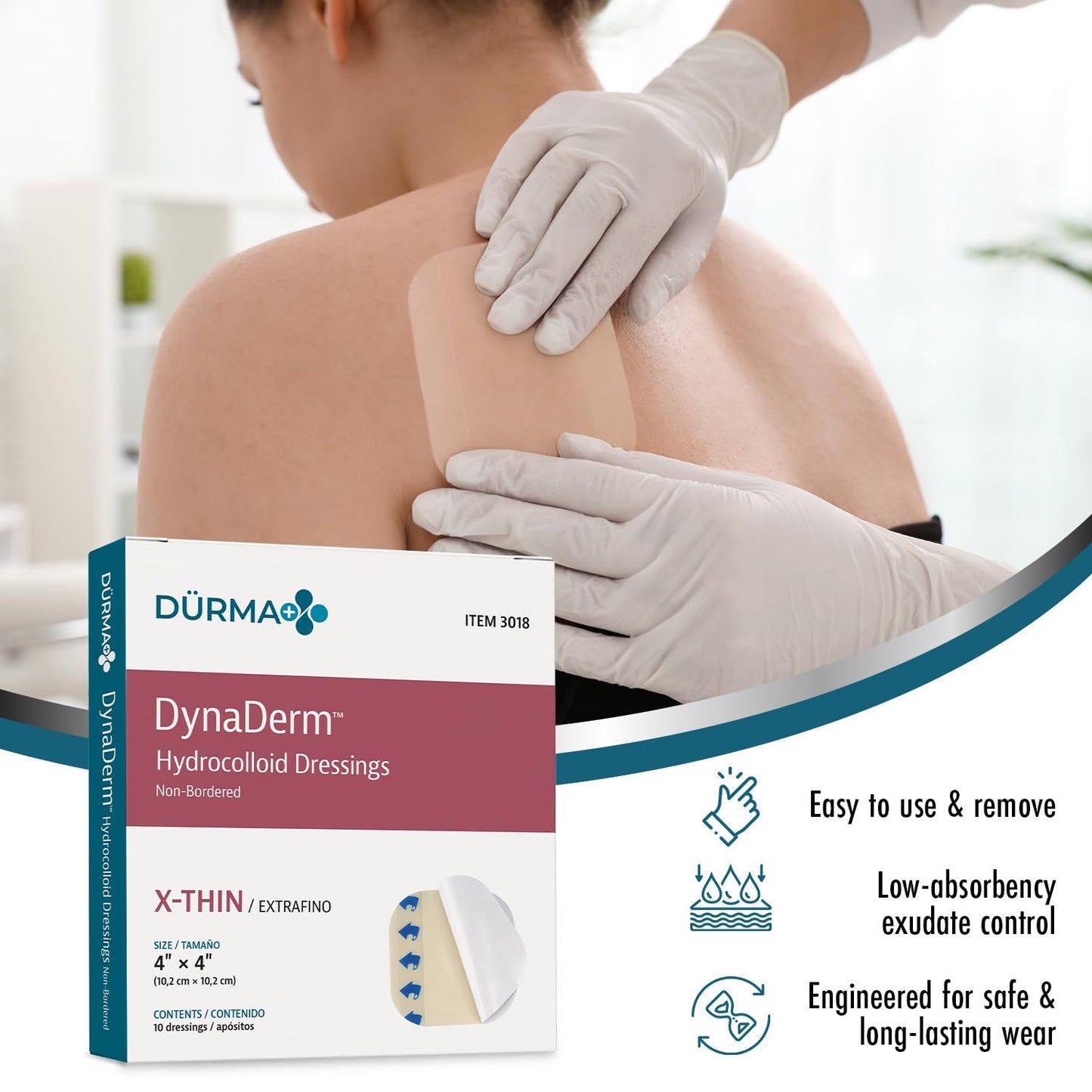 Dynarex Dürma+ DynaDerm™ Hydrocolloid Dressing - Sterile Non-Bordered Wound Patch - Water-Resistant - Flexible Protection - X-Thin - 4" x 4" - 10 per Box, 12 Boxes per Case