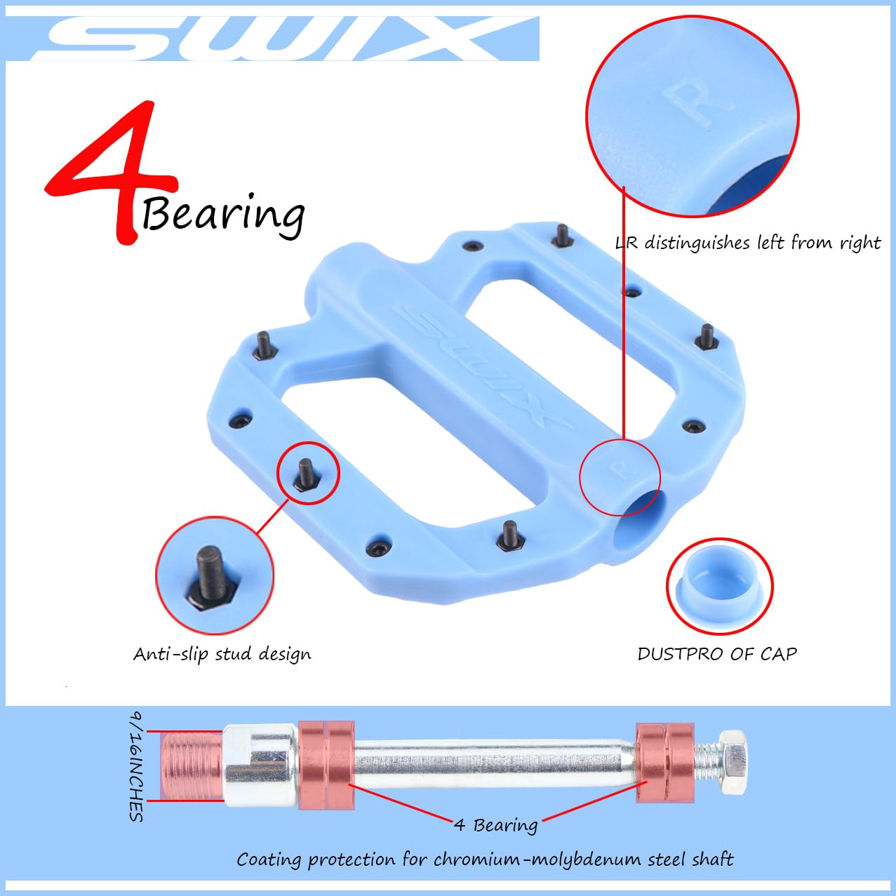 SWIX Bike Pedals Professional Mountain and Road Bike Flat Pedal Wide Paltform and Lightweight Non-Slip Pedal for 9/17" Bike/Hybrid Bike/E-Bike Parts Replacement Pedals Bike Accessories Blue