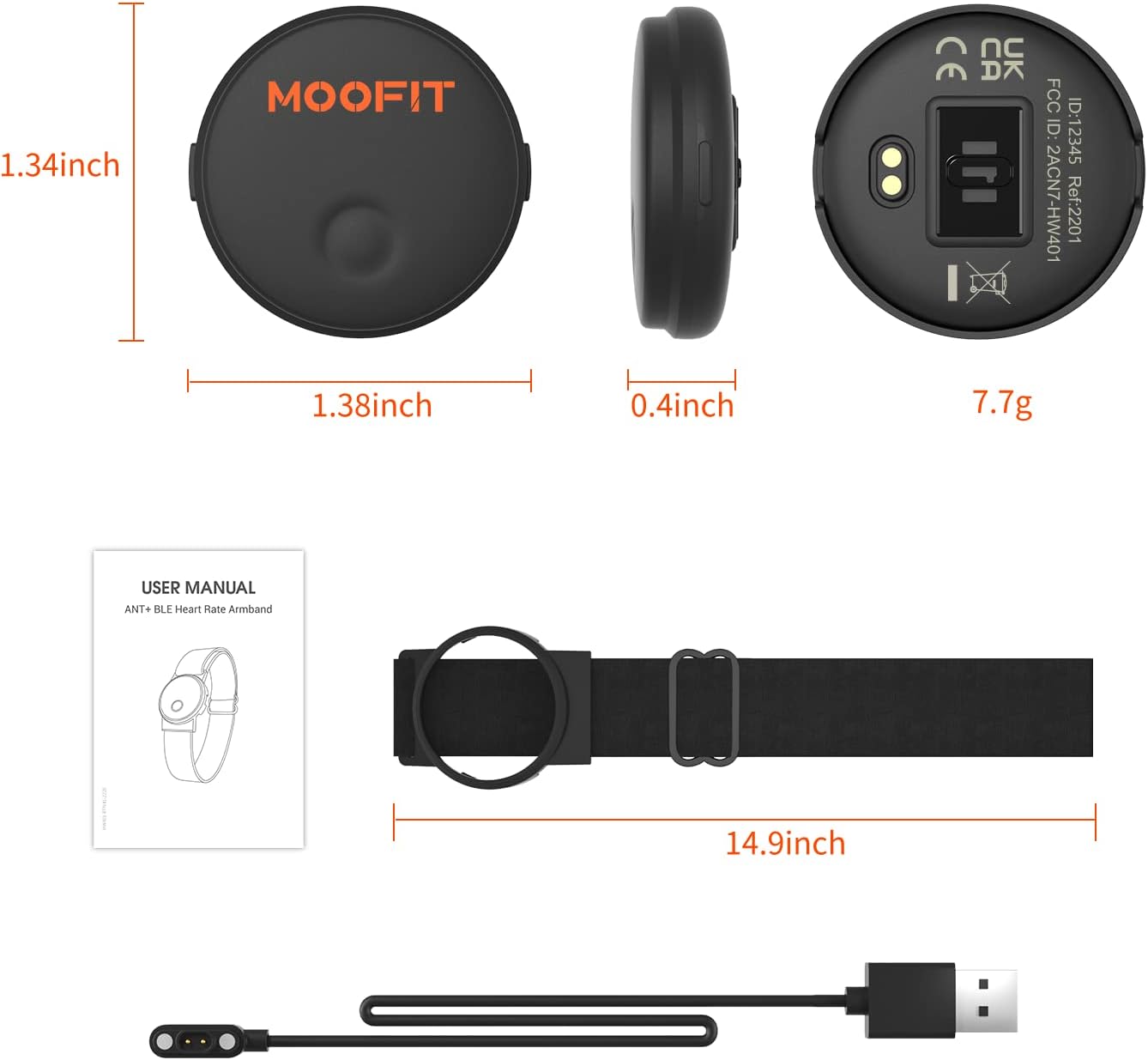 Moofit HW401 Heart Rate Monitor Armband - IP67 Waterproof, Bluetooth/ANT+ Compatible, Rechargeable Sensor