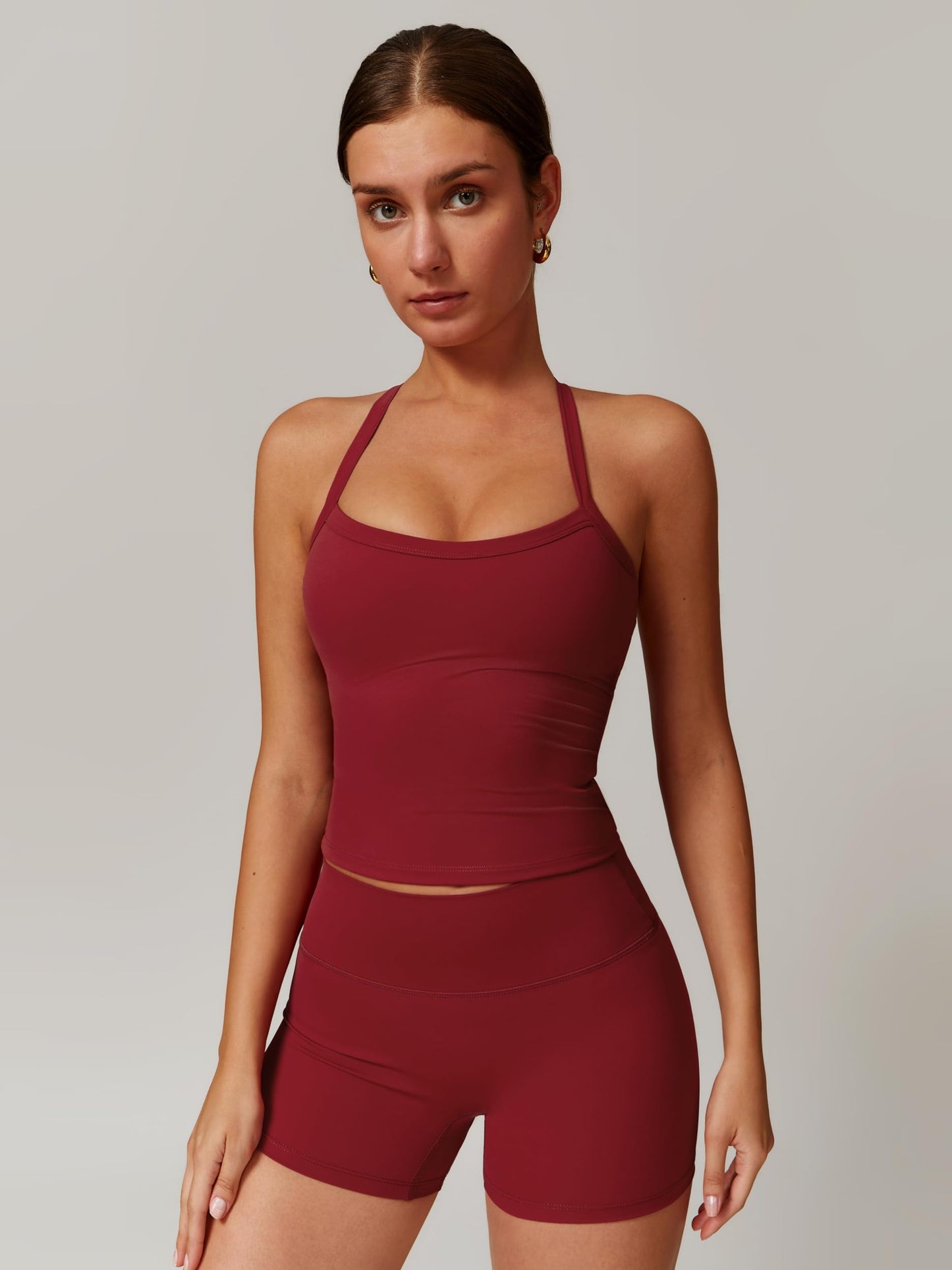 ABOCIW Workout Sets for Women Padded Cross Back Crop Tank Top Sports Bra Matching High Waist Tummy Control Shorts 2 Piece Athletic Set Gym Wear Active Yoga Pilates Outfits Cherry Red X-Small