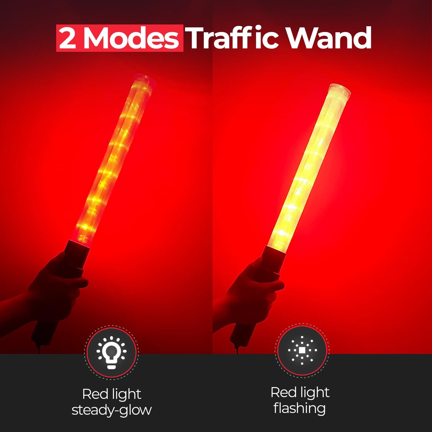 Traffic Wand 21 Inch, 2 Pack Air Traffic Control Lights with 2 Flashing Modes, Red Safety Signal Wands for Traffic Control, Airport, Parking, Car Directing