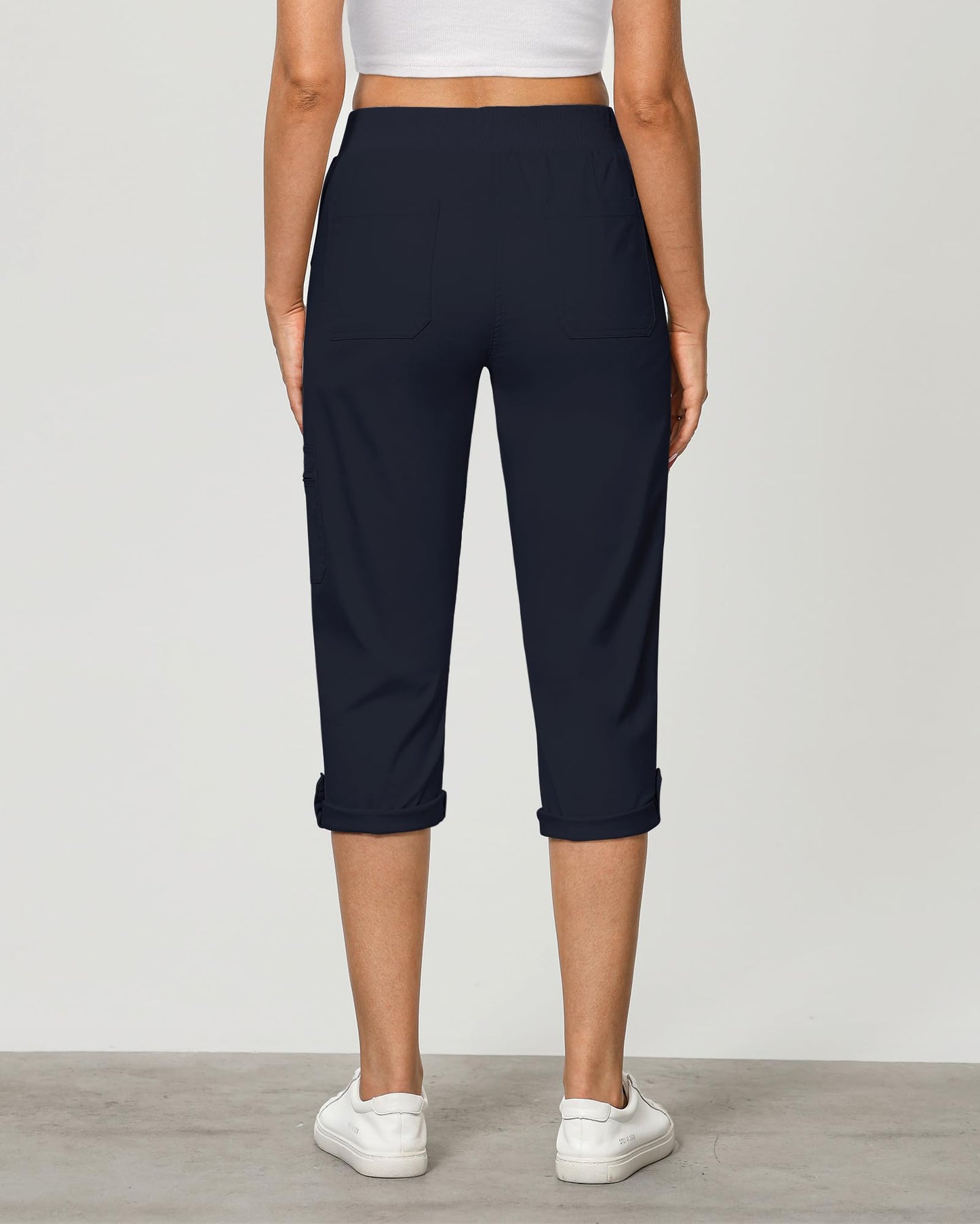 GRAPENT Travel Pants Women Ladies Pants Pull On Elastic Waist Ladies Capris Summer Casual Utility Cargos for Women Womens Comfy Cropped Trousers Zipped Pockets Color Navy Blue X-Large Size 16 to 18