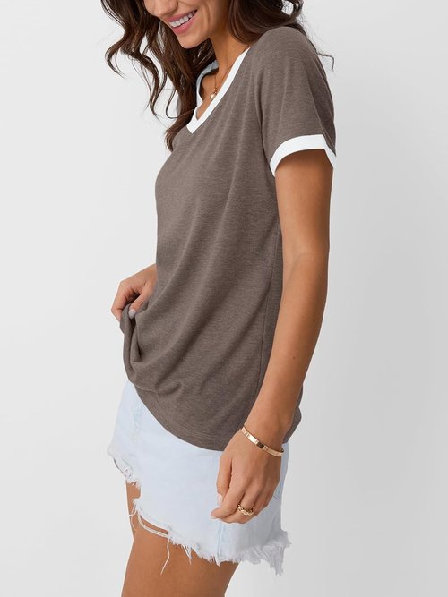 AUTOMET Women's V-Neck Short Sleeve T-Shirt - Casual Soft Tunic for Spring Fashion | Versatile Workout Top