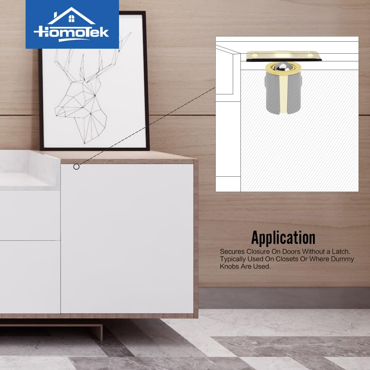 HOMOTEK 4 Pack Drive in Ball Catch with Strike Plate for Closet Doors, Bright Brass, 13/16 Inch x 1-1/8 Inchs,Die-cast, Adjustable Tension Ball