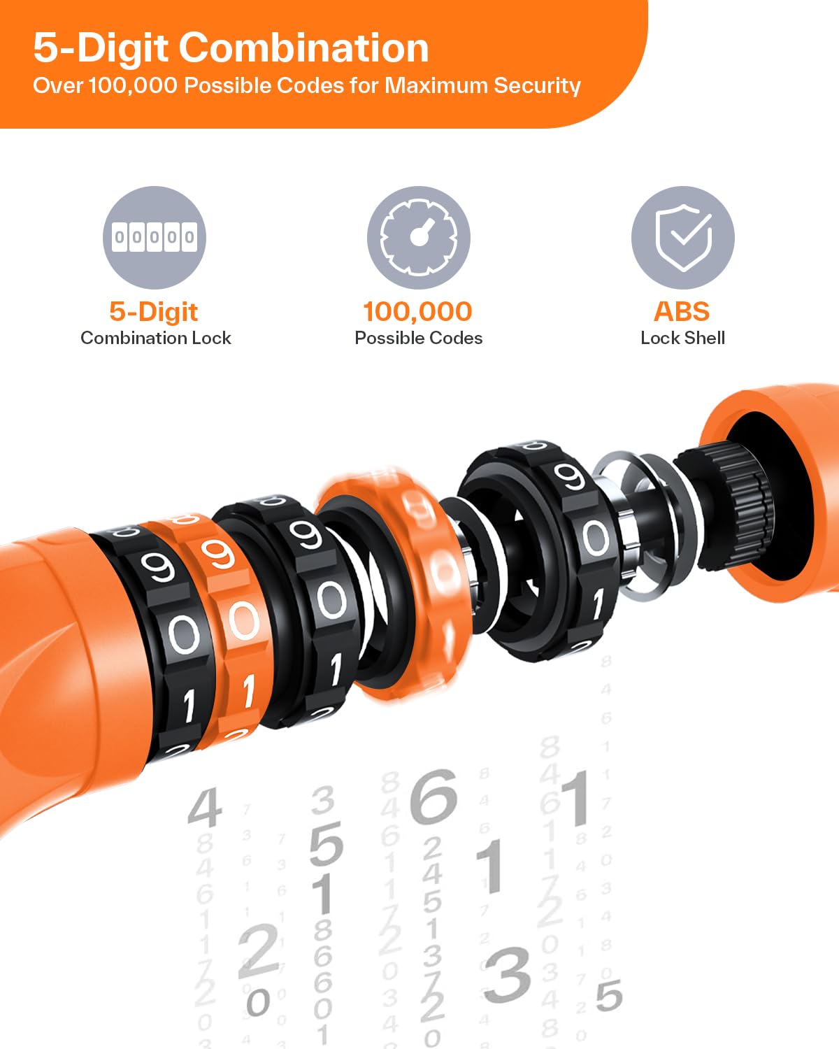 Sportneer Bike Lock: 5 Digit Combination High Security Anti Theft Bike Chain Lock - 3.2/3.6/4ft Heavy Duty Resettable Keyless Bicycle Lock for Bike, Motorcycle, Scooter, Door - 6mm Thick Orange