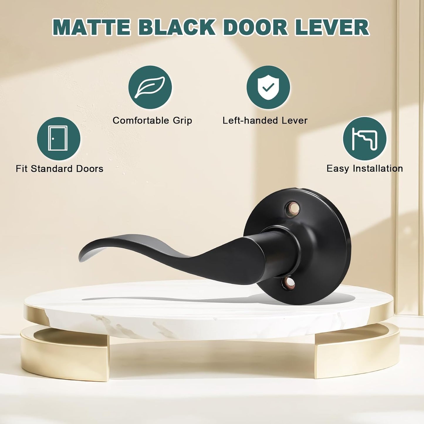 Black Privacy Door Levers - 6 Pack Keyless Modern Wave Handles for Bedrooms