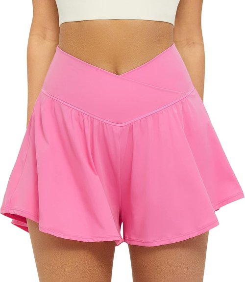 FireSwan Women's Crossover Athletic Shorts - 2-in-1 Flowy Running Skorts with Pockets & Spandex