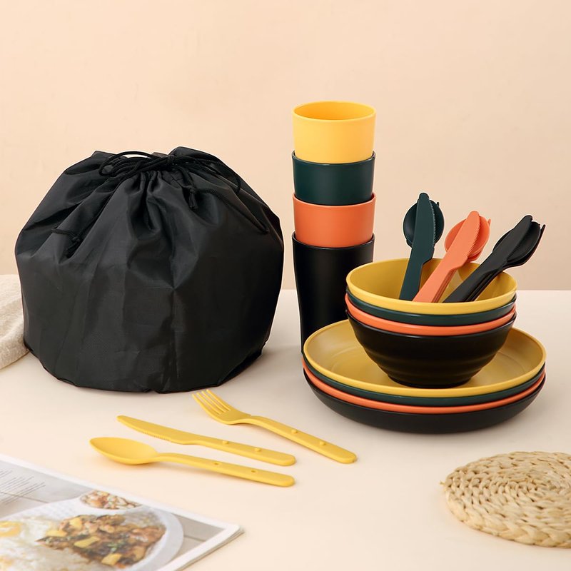 ReaNea Camping Mess Kit for 4 with Bowl, Plate, Cup, Spoon, Fork, Knife and Carry Bag, Plastic Camping Accessories Essentials Gear for Travel, Picnic, Outdoor, Easy to Carry & Store