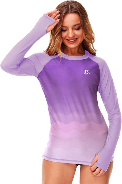 Deerose Women's Gradient Rash Guard - UPF 50+ Surfing Top with Thumb Hole | Stylish & Protective