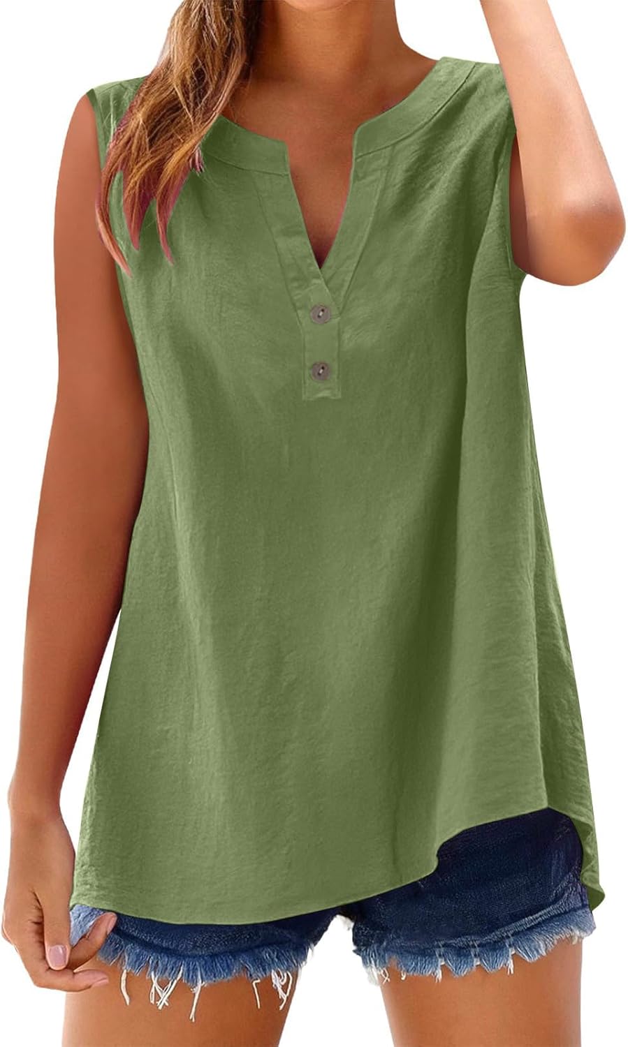 Skiennix Cotton Linen Tank Top - V Neck Sleeveless Button Design for Casual Summer Beach Wear
