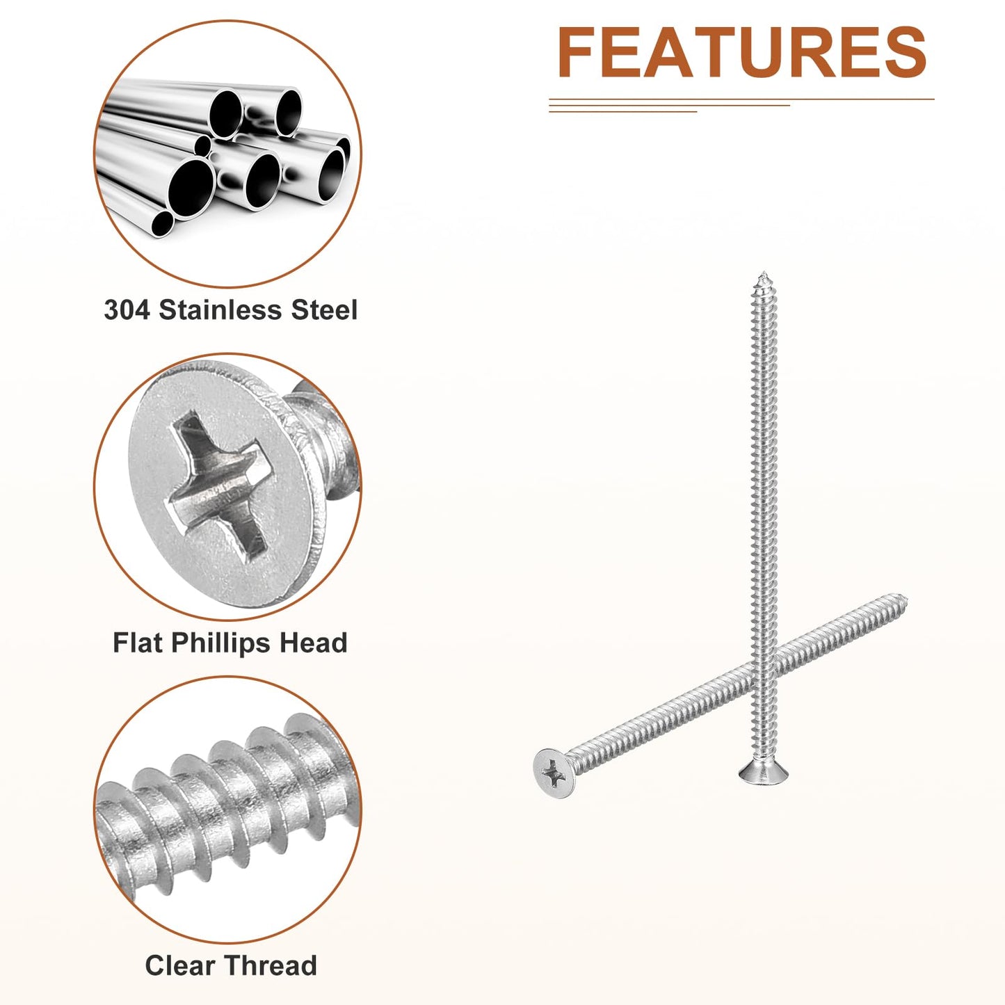 DTGN 25Pcs #10x4 Flat Head Wood Screws, 304 Stainless Steel Phillips Self Tapping Screws - Good for Woodworking, Furniture - Silver