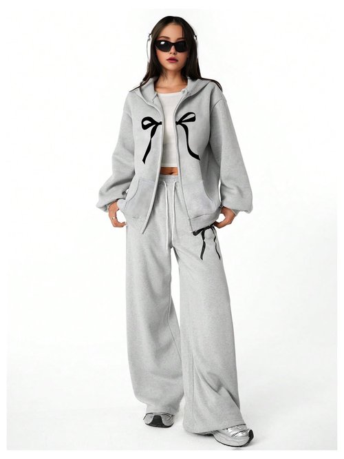 Verdusa Women's Coquette Bow Baggy Sweatpants Fitness Clothing Wide Leg Pants with Pockets Grey Small