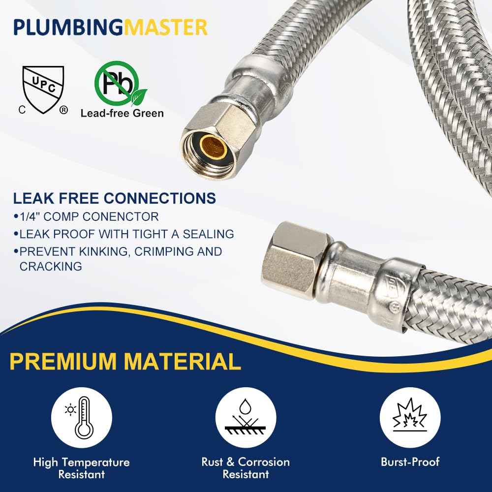15FT Stainless Steel Braided Ice Maker Supply Line – 1/4″ Compression x 1/4″ Compression Fittings, Lead‑Free, Burst‑Proof, Universal Fit, NSF/UPC Certified, 10‑Year Warranty