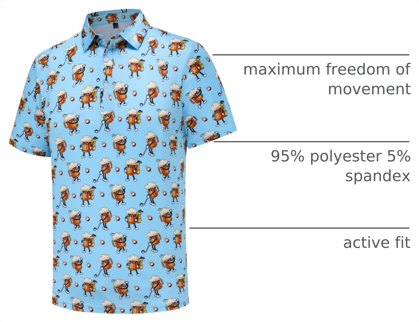 Mens Golf Polo Shirts Short Sleeve Dry Fit Print Performance Moisture Wicking Casual Funny Golf Polo Shirts for Men
