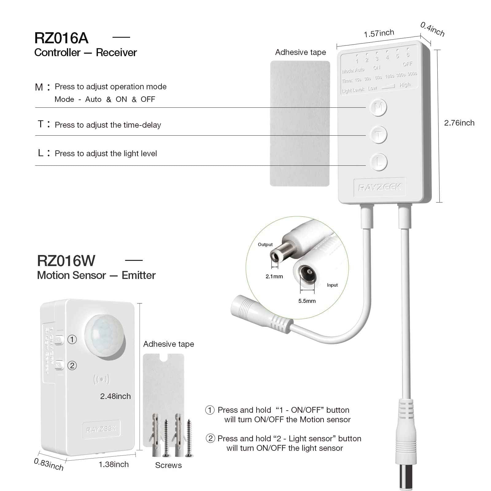 RAYZEEK Wireless Motion Sensor Controller Kit - No Wiring Mini PIR Sensor Switch 12/24VDC RF Wireless Control Led Strip Lights with Dimmable, Timer for Stairway