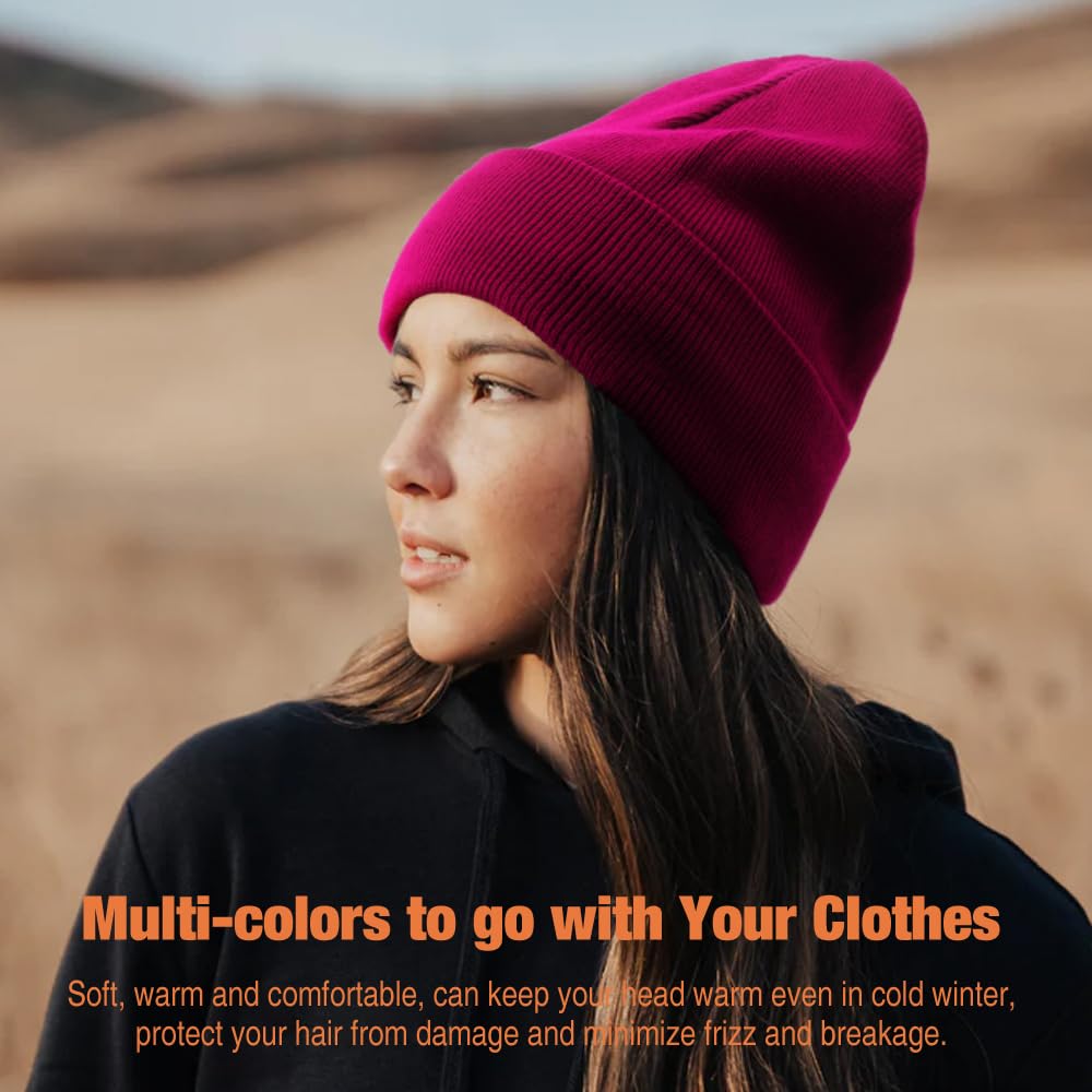 AQOKKA Womens Satin Lined Knit Beanies Hat Warm Silk Lined Winter Hat for Women Men Soft Slouchy Cuffed Unisex Skull Cap
