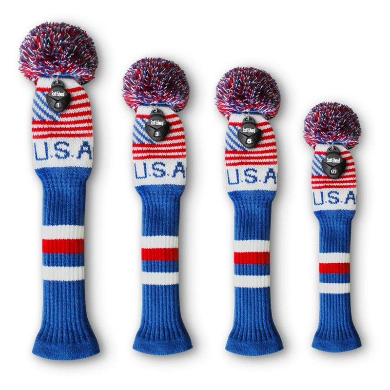 Scott Edward USA Flag Patriotic Golf Club Covers Set of 4 Driver*1 Fairway*2 Hybrid/UT*1 Anti-Pilling Anti-Wrinkle Washable Acrylic Yarn Knit Golf Club Head Covers for Golfers