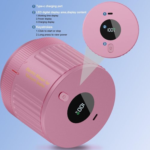 LOVE MOMENT Electric Mason Jar Vacuum Sealer Kit - Versatile for Wide & Regular Mouth Jars - Pink