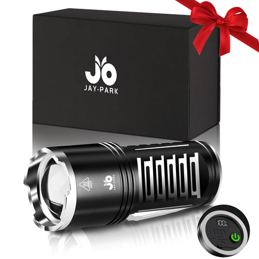 JAY-PARK LED Flashlights High Lumens Rechargeable - 10000 Lumen with 10800mAh Battery and LCD Power Display, 5 Lighting Modes, Zoomable, Long Beam(3000m) High Powered Flashlight for Camping, Emergency