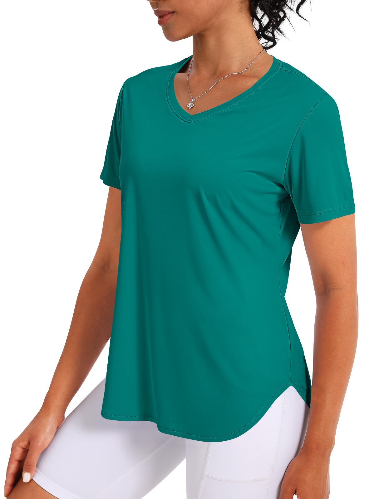 CHALLMOTI Women's Short Sleeve Workout Tops Athletic Shirts V Neck Sun Shirts UPF 50+ Quick Dry Quick Dry Dark Green XL