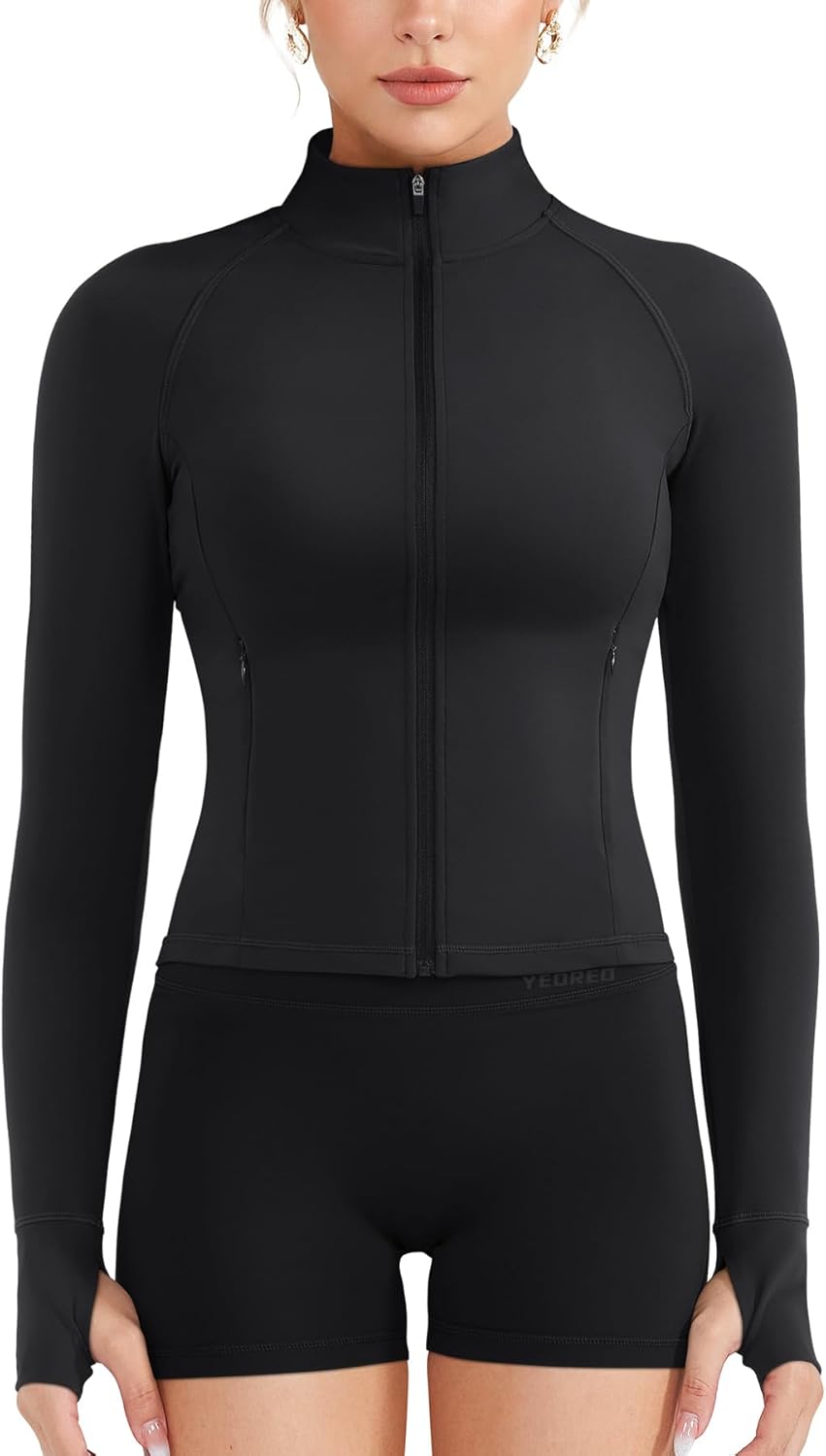 YEOREO Women's Full Zip Workout Jacket - Cropped Athletic Top with Pockets & Thumb Holes