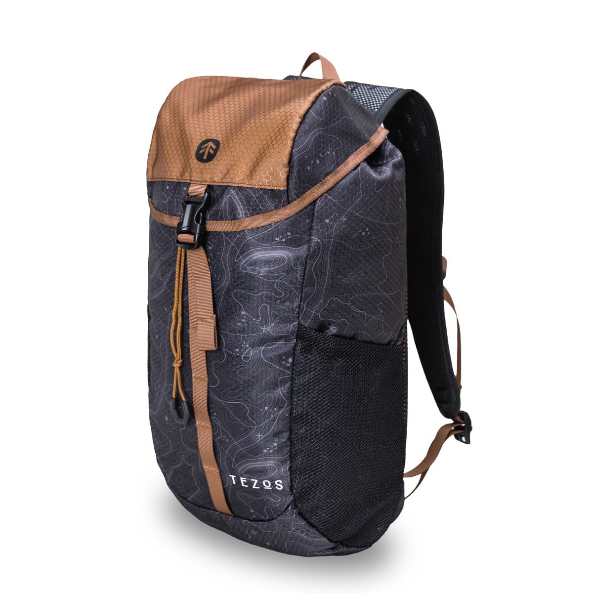 Tezos Juniper Daypack, Lightweight Hiking Backpack and Hydration Pack for Camping, Travel, Biking, and the Outdoors, 16 Liter (Black Topo)