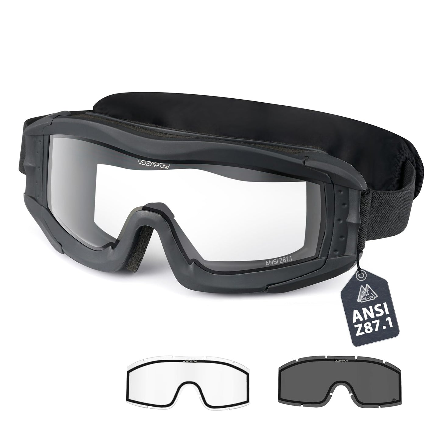 VOZAPOW Airsoft Goggles Anti Fog with ANSI Z87.1 Certified, Safety Goggles Impact Resistant, Tactical Shooting Glasses