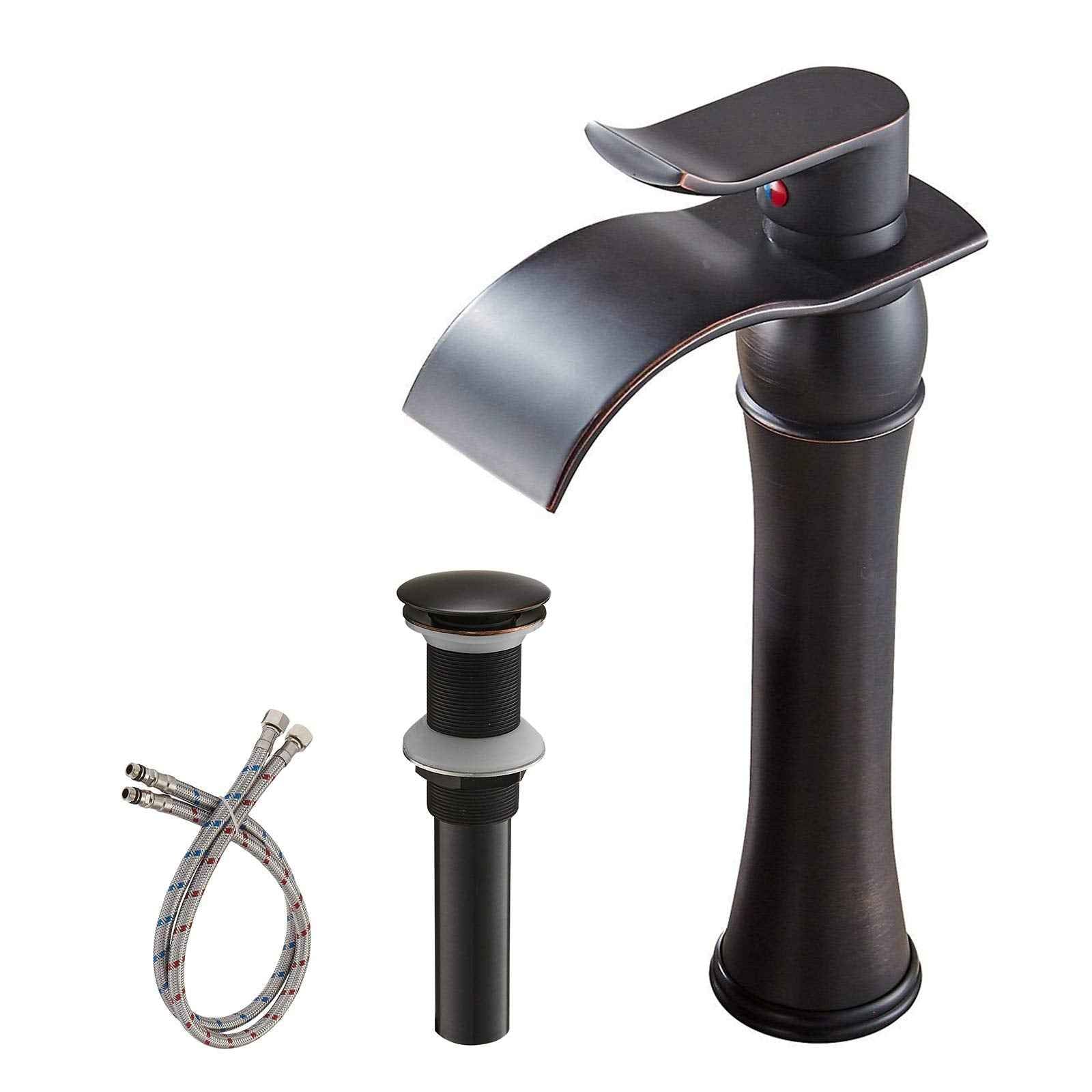 BWE Vessel Sink Faucet Oil Rubbed Bronze Farmhouse Waterfall Single Hole Bathroom Faucet with Pop Up Drain Without Overflow and Supply Line Bath Basin Single Handle Faucets Sink Lavatory Mixer Tap