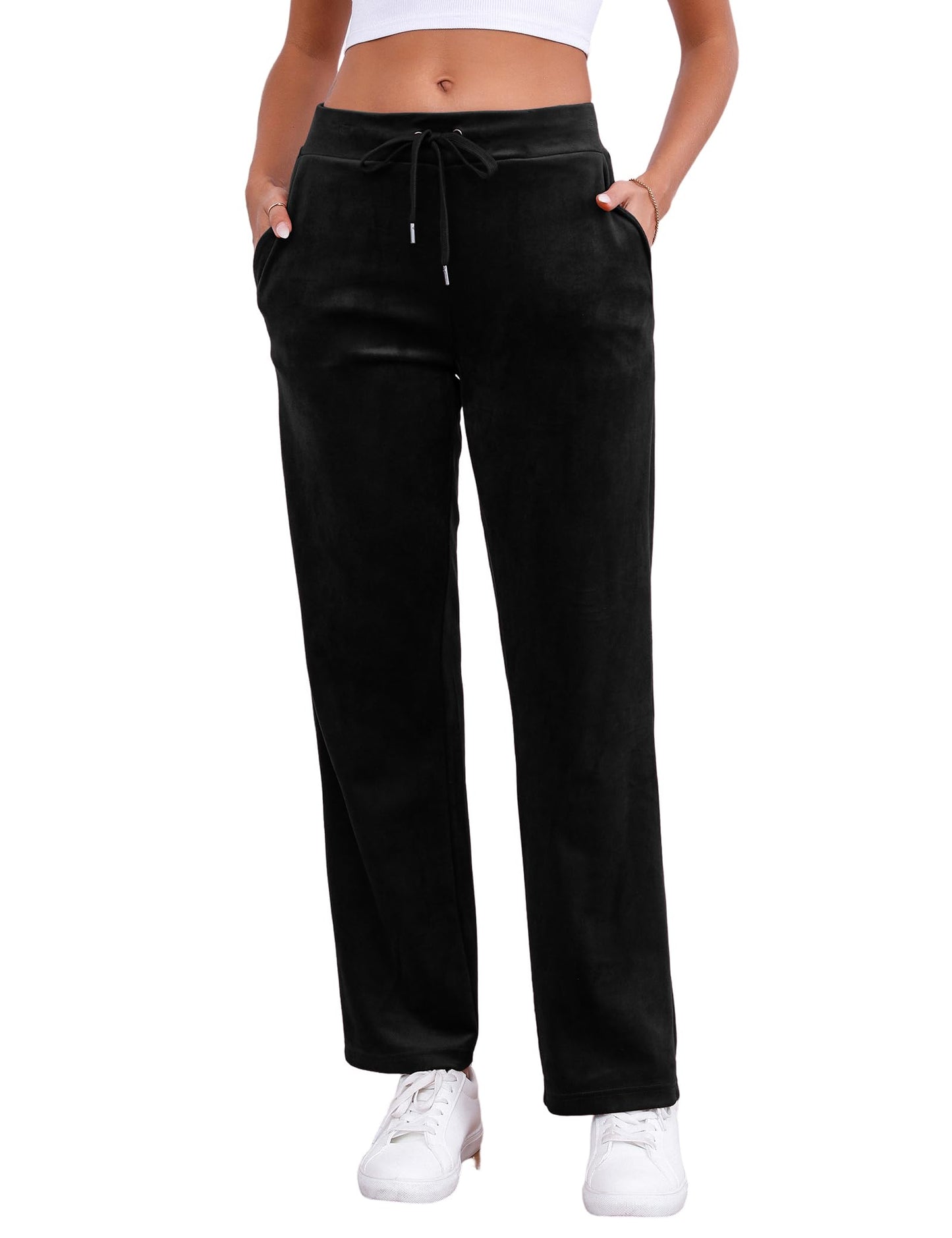 Pescool Velour Pants for Women, Straight Leg Womens Velour Sweatpants, Velvet Wide Leg Lounge Pants for Women with Pockets (Black, S)