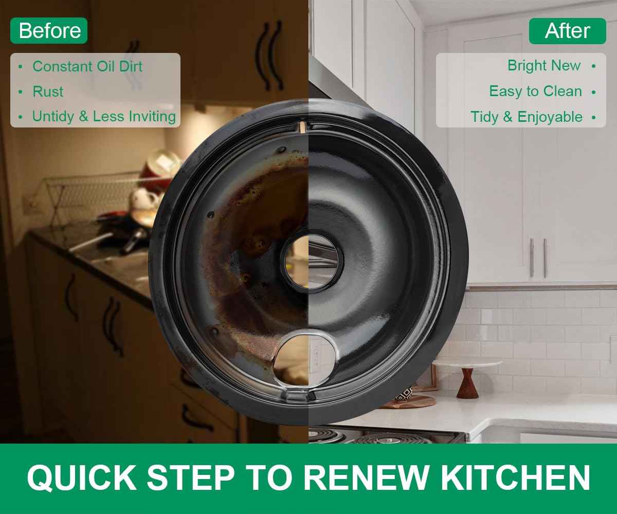 Purelux Electric Range Drip Pans Replacement Compatible with GE or Hotpoint Stove, Porcelain Enameled Black Finish 4 Pieces Pack Includes 1 Large 8-Inch and 3 Small 6-Inch