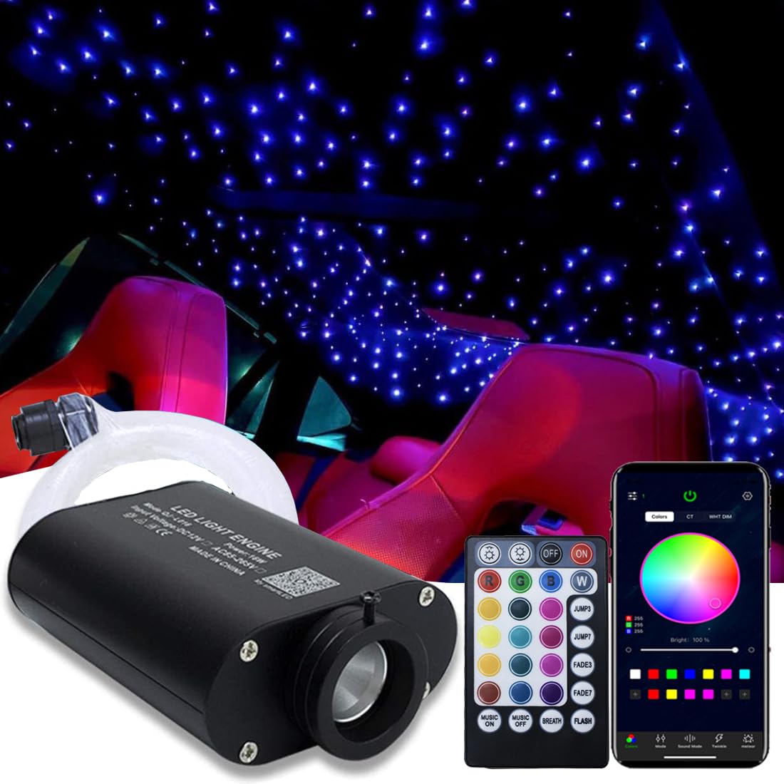 AMKI 16W Fiber Optic Lights Mixed 310pcs 9.8ft Starlight Headliner Light Kit APP/Remote Control Sound Activated Mode for Car&Home Decoration,0.75mm+1mm+1.5mm Optical Fiber Cable Strands